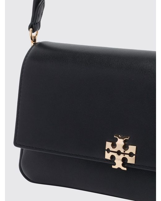 Tory Burch Black Charlie Leather Shoulder Bag With Double T Logo And Removable Strap