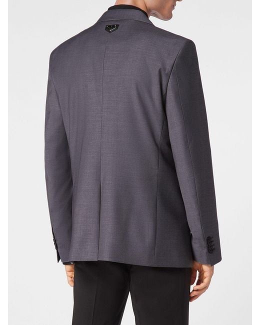 Philipp Plein Gray Single-Breasted Wool Blend Blazer With Peak Lapels for men