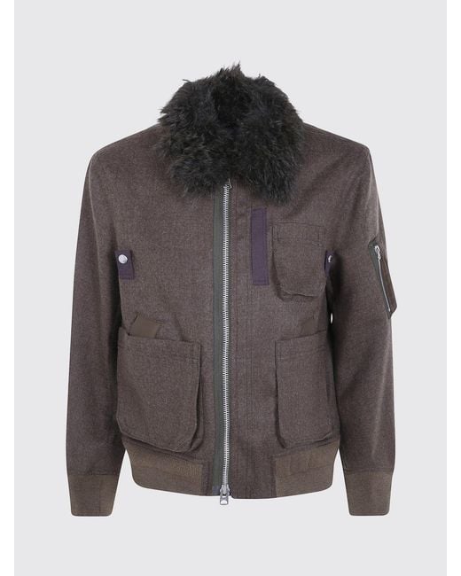 Sacai Brown Fur-Collar Wool Bomber Jacket With Patch Pockets for men