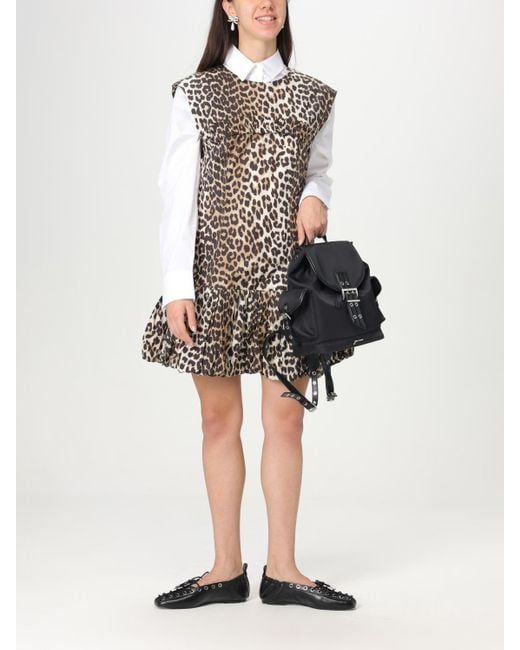 Ganni Natural Mini Dress Ruffle Hem Leopard Print