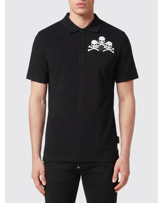 Philipp Plein Black Slim Fit Cotton Polo Shirt With Skull Print And Hexagon Logo for men