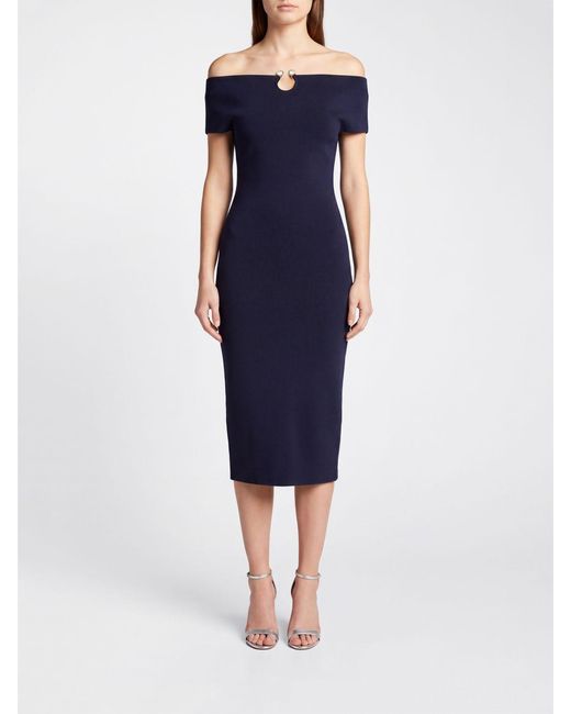 Alberta Ferretti Blue Off-The-Shoulder Midi Sheath Dress With Back Slit