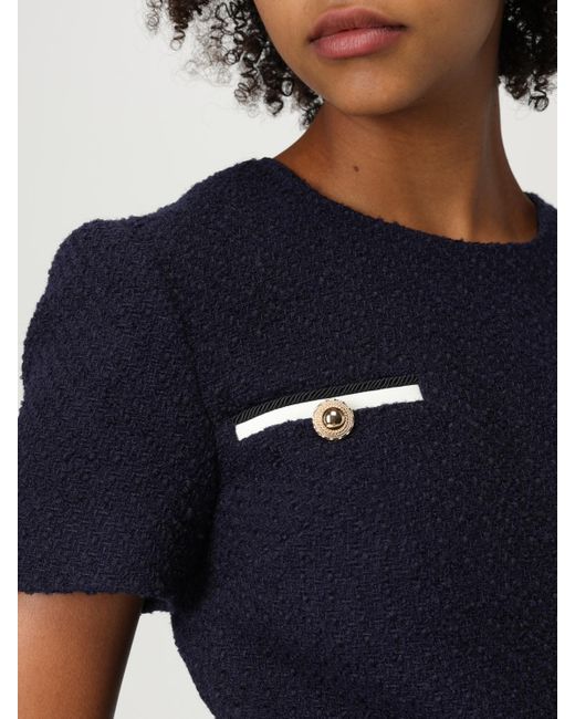 Self-Portrait Blue Elegant Dress With Belt And Button Detail Short Sleeves Woven Fabric
