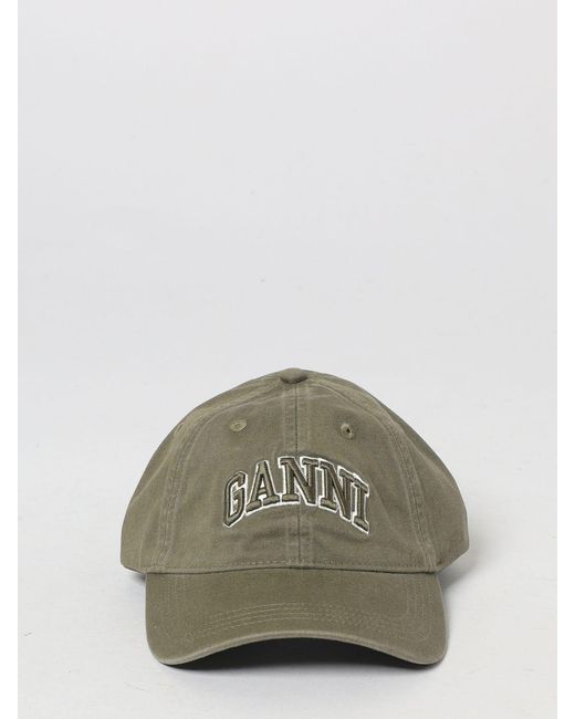 Ganni Green Cotton Twill Hat With Embroidered Logo