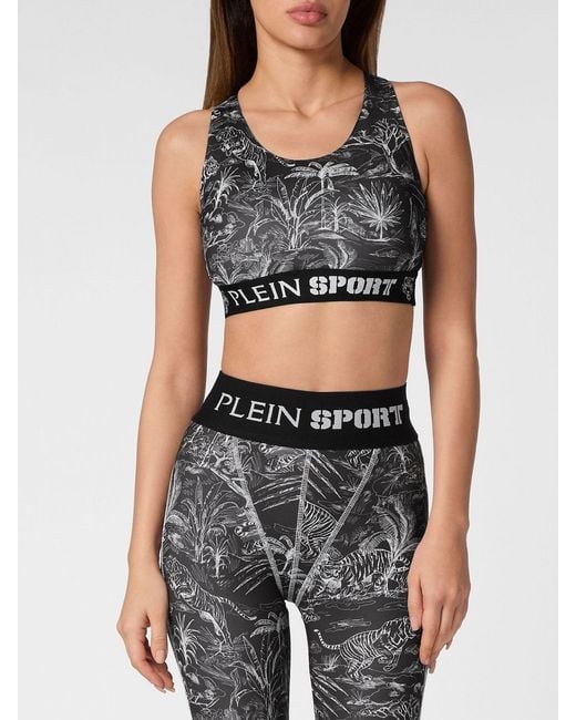 Philipp Plein Gray Cropped Tropical Print Jersey Sports Top With Criss-Cross Straps