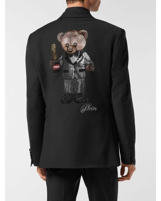 Philipp Plein Black Single-Breasted Wool Blend Blazer With Crystals And Peak Lapels for men