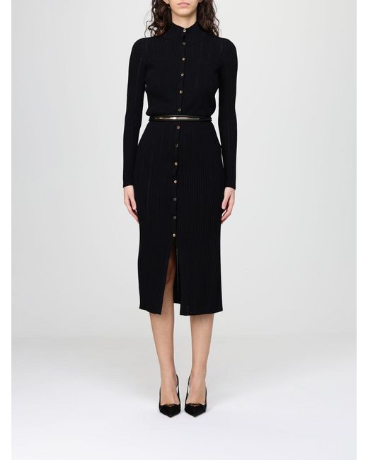 Elisabetta Franchi Black Ribbed Knit Midi Dress With Buttons