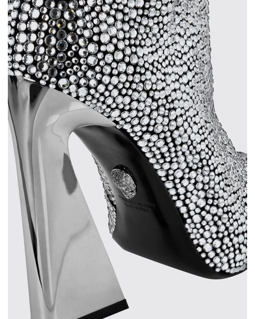Philipp Plein Gray Almond-Toe Leather Ankle Boots With Swarovski Crystals And High Heels