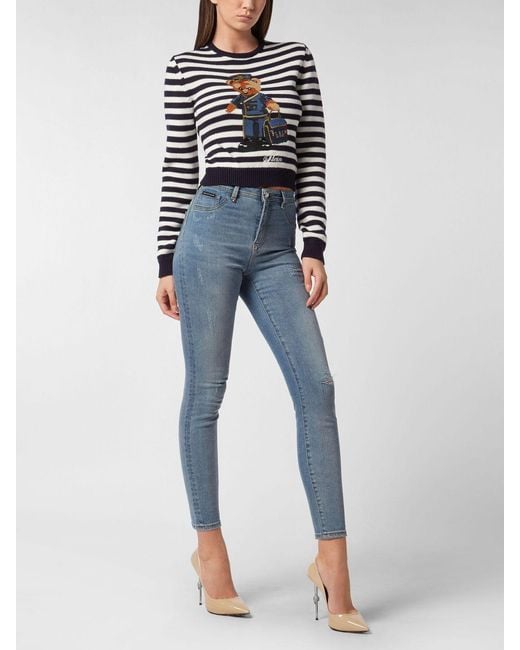 Philipp Plein Blue Cropped Striped Teddy Bear Wool Blend Jumper