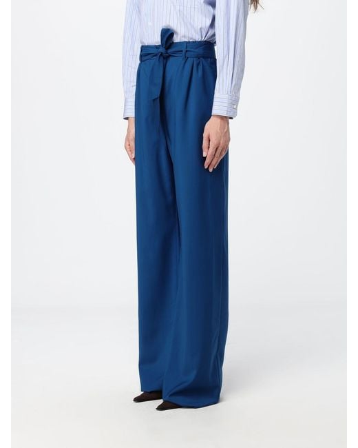 Max Mara Blue Wide Leg Virgin Wool Trousers With Tie Belt