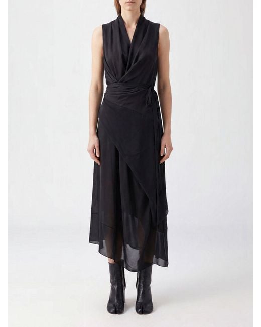 Maison Margiela Black Asymmetric Viscose Midi Dress With Draped Waist