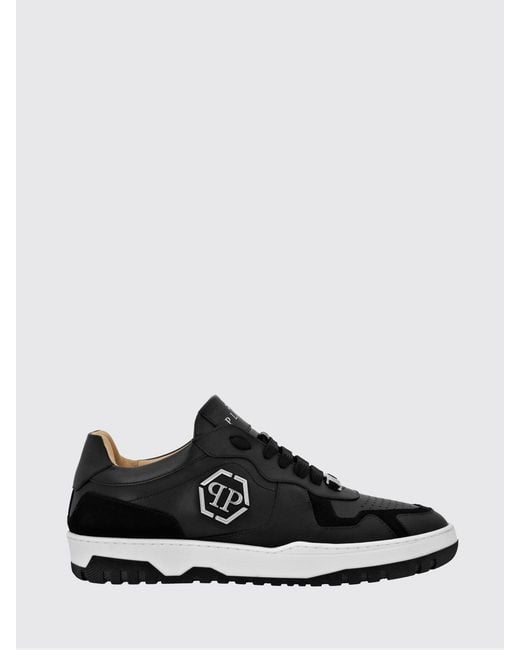 Philipp Plein Black Low-Top Leather And Suede Sneakers With Hexagon Logo for men