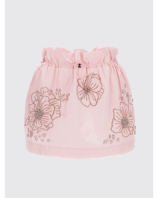 Des Phemmes Pink Pencil Mini Skirt With Floral Embroidery And Rhinestone Appliqués