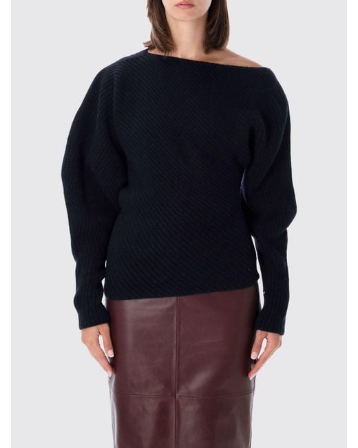 Alberta Ferretti Blue Draped Wool And Silk Jumper With Asymmetric Neckline