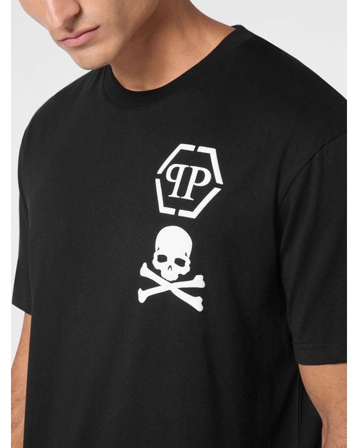 Philipp Plein Black Cotton T-Shirt With Skull And Logo Print for men