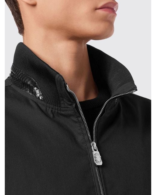 Billionaire Black Cotton Bomber Jacket With Python Leather Inserts for men