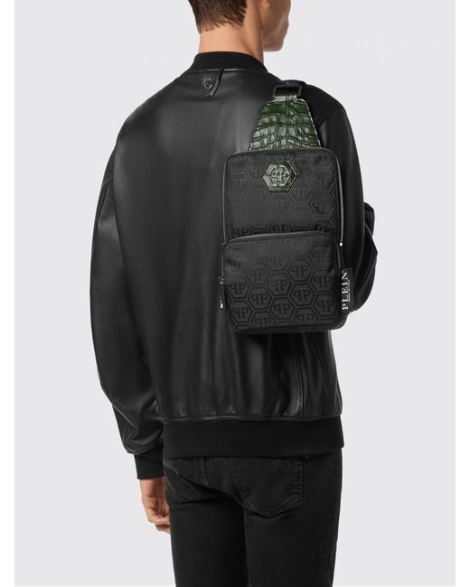 Philipp Plein Black Logo Nylon And Crocodile Print Leather Bag for men