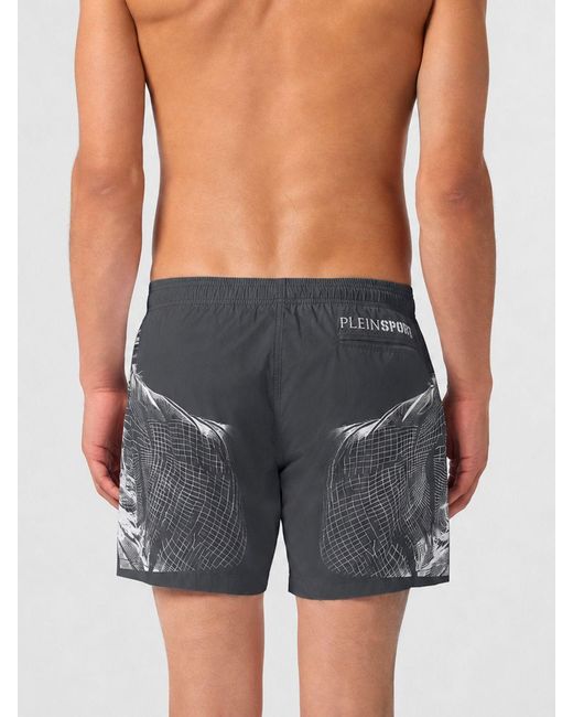 Philipp Plein Blue Polyester Swim Shorts With Graphic Print And Drawstring Waist for men
