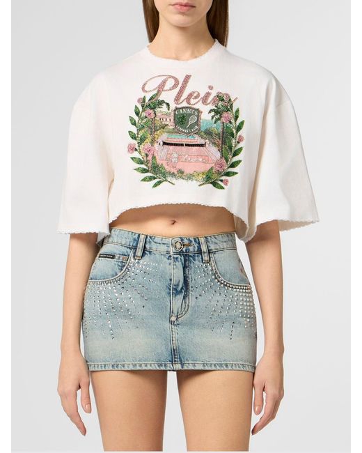 Philipp Plein White Cropped Cotton T-Shirt With Jacquard Logo And Fringed Hem