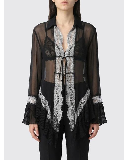 Blumarine Black Viscose Shirt With Lace Inserts