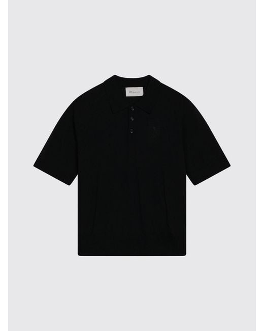 AMI Black Knitted Wool Polo Shirt for men