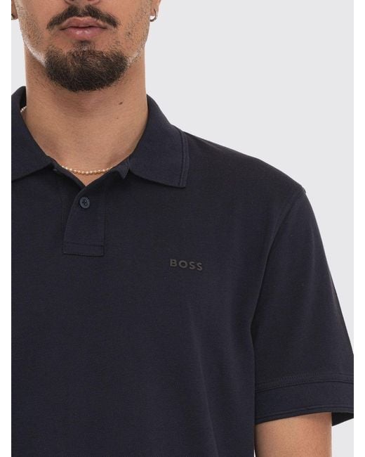 Boss Blue Short-Sleeved Cotton Polo Shirt With Ribbed Collar for men