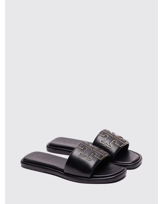 Tory Burch White Double T Sport Smooth Leather Slide Sandals With Logo