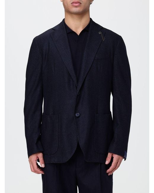Santaniello Blue Single-Breasted Wool Blend Blazer With Patch Pockets for men