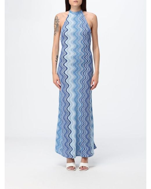 Mc2 Saint Barth Blue Wave Print Halterneck Jersey Maxi Dress