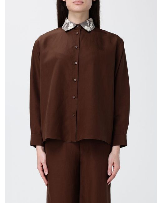 Hanita Brown Linen Blend Shirt With Embroidery