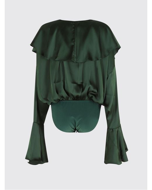 Norma Kamali Green Ruffled Satin Bodysuit Blouse