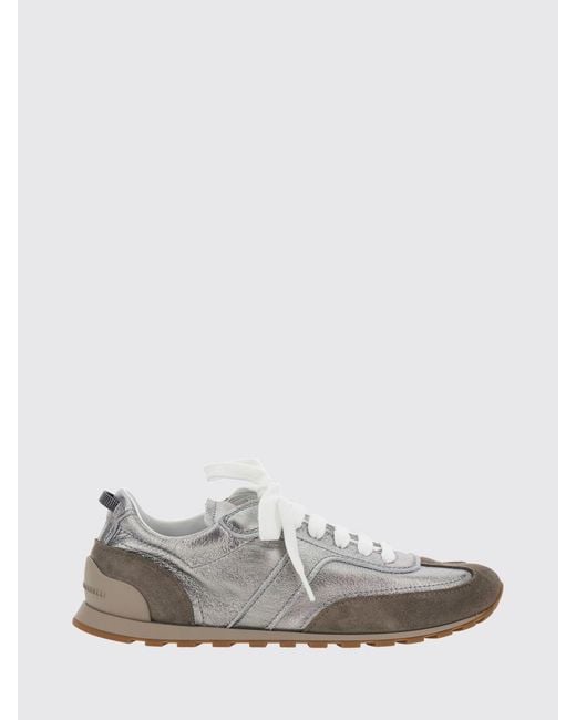 Brunello Cucinelli White Bicolour Laminated And Suede Leather Trainers With Monili
