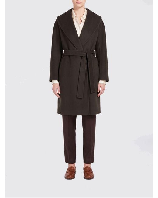 Max Mara Black Belted Virgin Wool Robe Coat With Shawl Collar