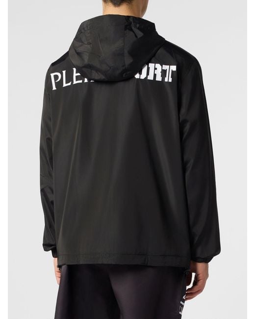 Philipp Plein Black Nylon Windbreaker Jacket With Hood And Rear Contrast Logo for men