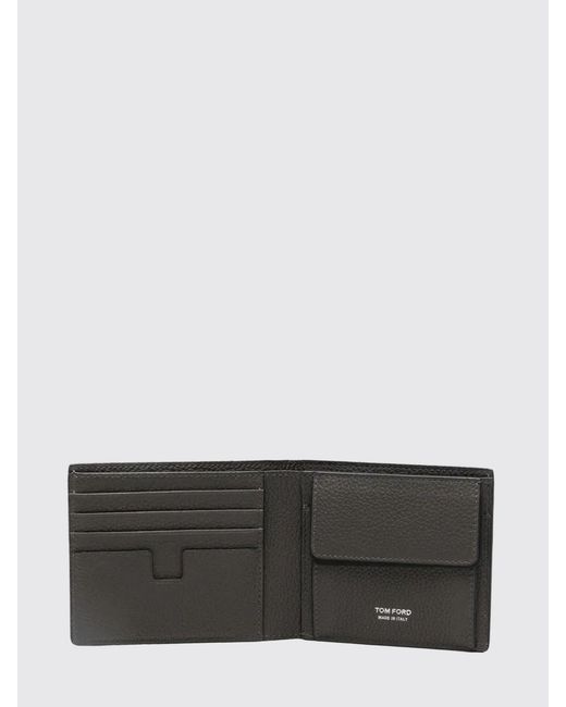 Tom Ford Gray Bifold Calf Leather Wallet With Coin Pocket And Laminated Logo for men