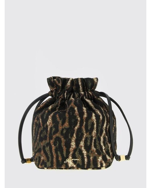Ganni Black Antique Bou Cloque Bucket Animal Print Recycled Fabric Pouch
