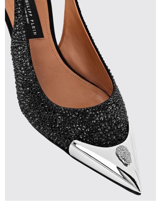 Philipp Plein Black Leather Slingback Pumps With Crystal Skull And Mid Heel