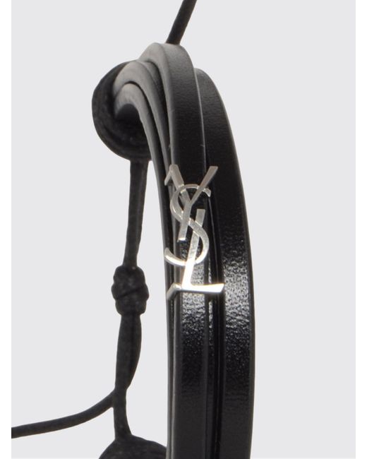 Saint Laurent Black Cassandre Leather And Brass Bracelet for men