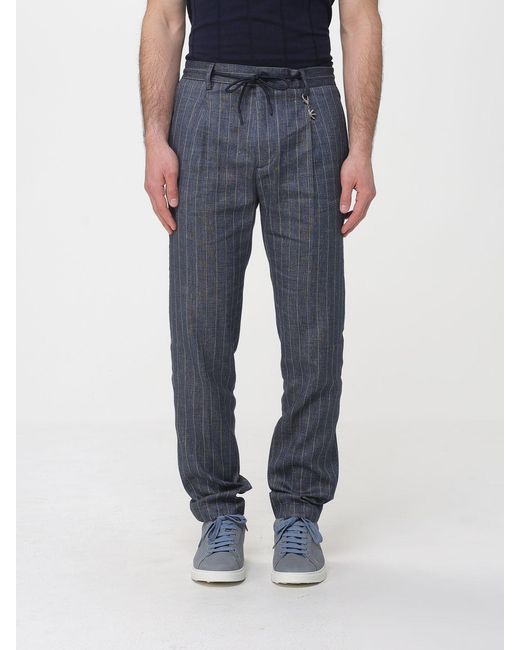 Manuel Ritz Blue Striped Linen Blend Drawstring Trousers for men