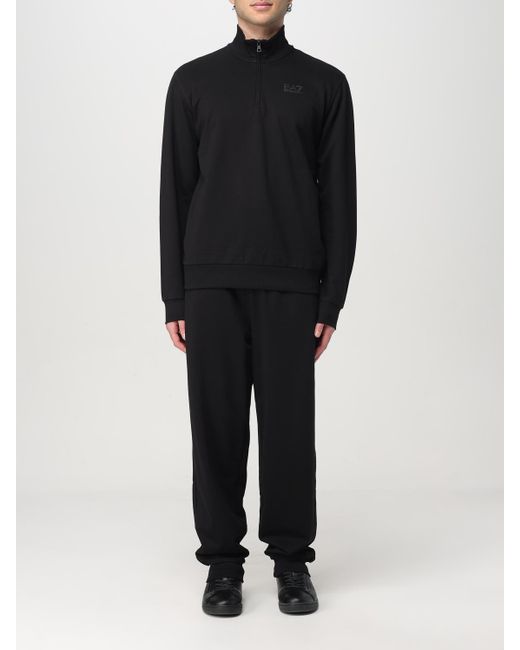 EA7 Black Cotton Hoodie + Sweatpants With Logo for men