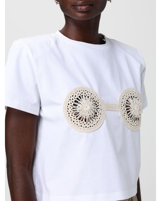 Magda Butrym White Cropped T-Shirts With Crochet Inserts