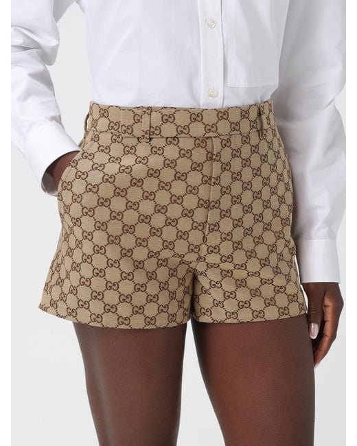 Gucci Natural Cotton Blend Shorts With Gg Motif
