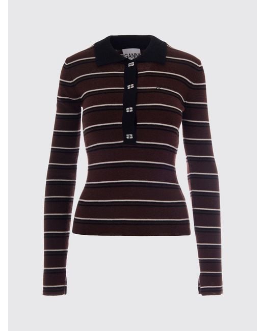 Ganni Black Striped Long-Sleeve Knit Polo