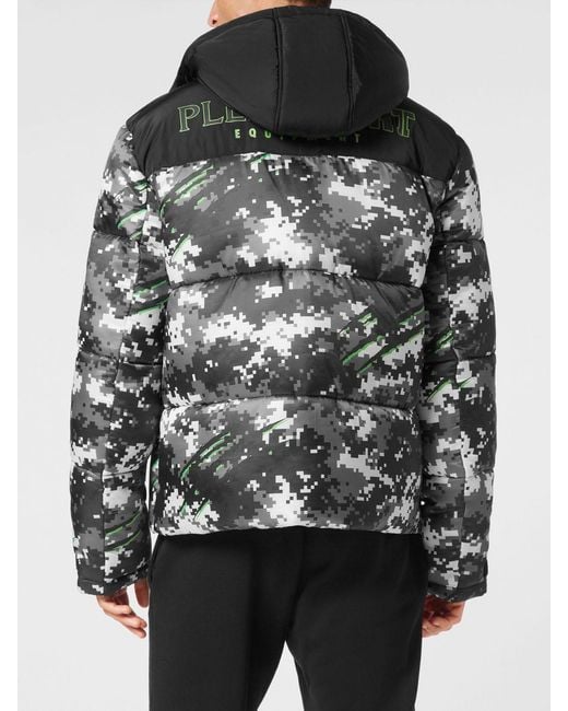 Philipp Plein Black Hooded Camouflage Puffer Jacket for men