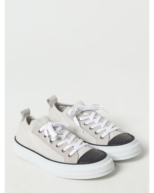 Brunello Cucinelli Natural Sneakers Aus Stretch-Strick Mit Velourslederbesätzen Und Zierperlen