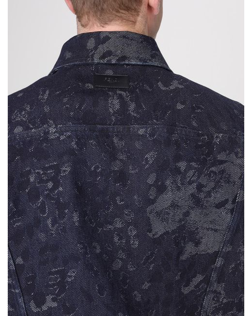 Fendi Blue Cotton Denim Jacket With Camouflage Print for men