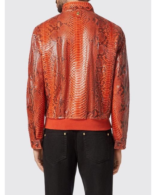 Billionaire Red Snakeskin Leather Bomber Jacket With High Collar And Zip Closure for men