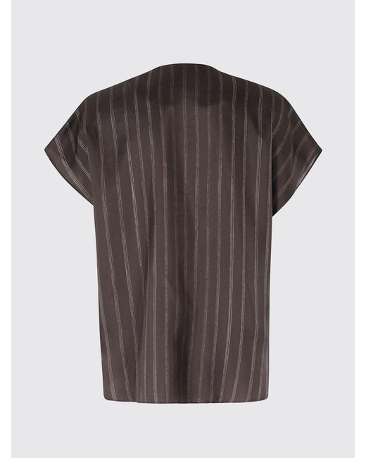 Alysi Brown Striped Silk Blouse With V-Neck And Short Sleeves