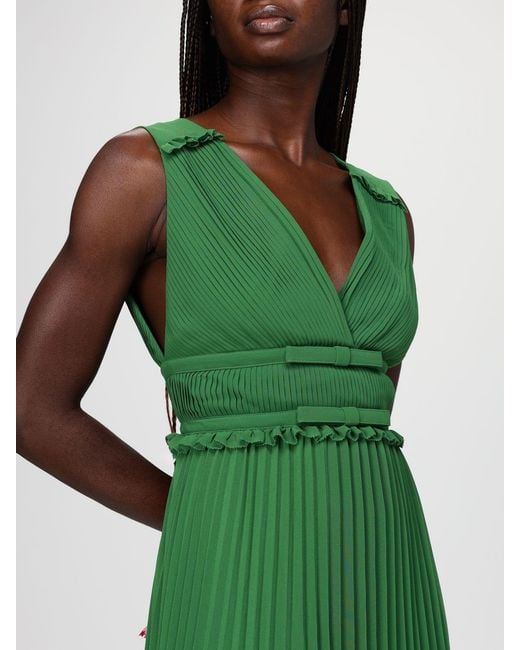 Self-Portrait Pleated Crpe Midi Dress in Green | Lyst