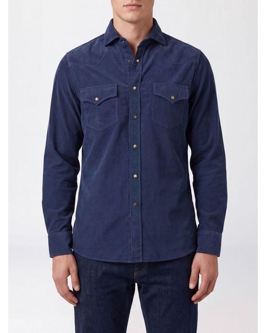 Brunello Cucinelli Blue Slim Fit Velvet Shirt With French Collar And Pockets for men